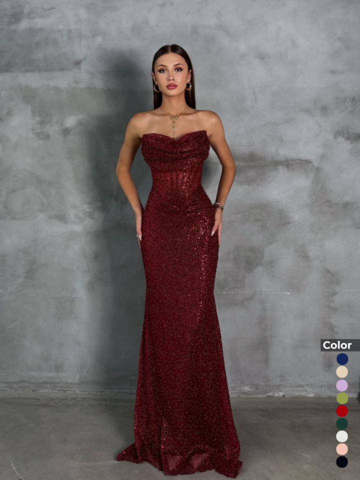 Payetli Taş Detaylı Straplez Abiye  | 1062