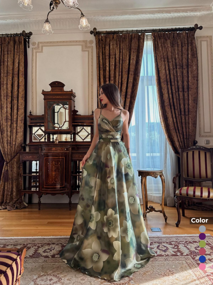 Kristal Saten Çiçek Desenli Abiye | 1093