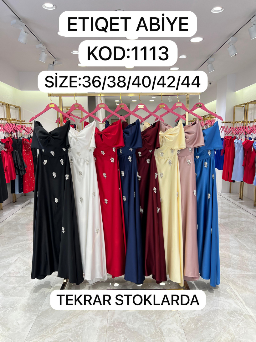 Saten Kristal Taşlı El İşlemeli Abiye | 1113