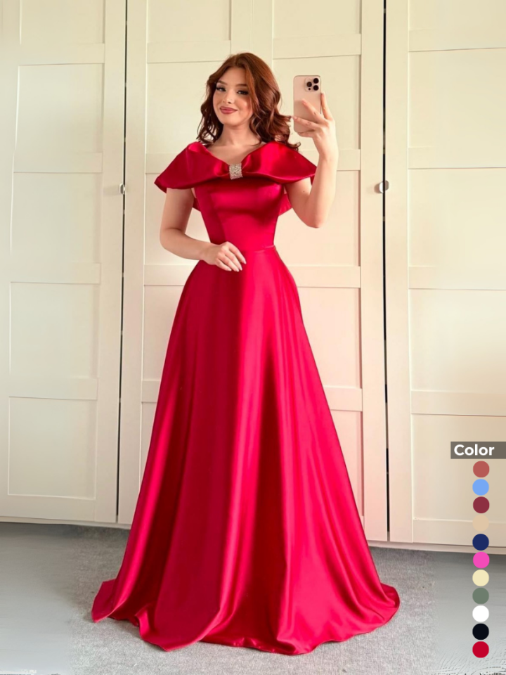 Saten Taş Aksesuarlı Prenses Yaka Abiye | 1035