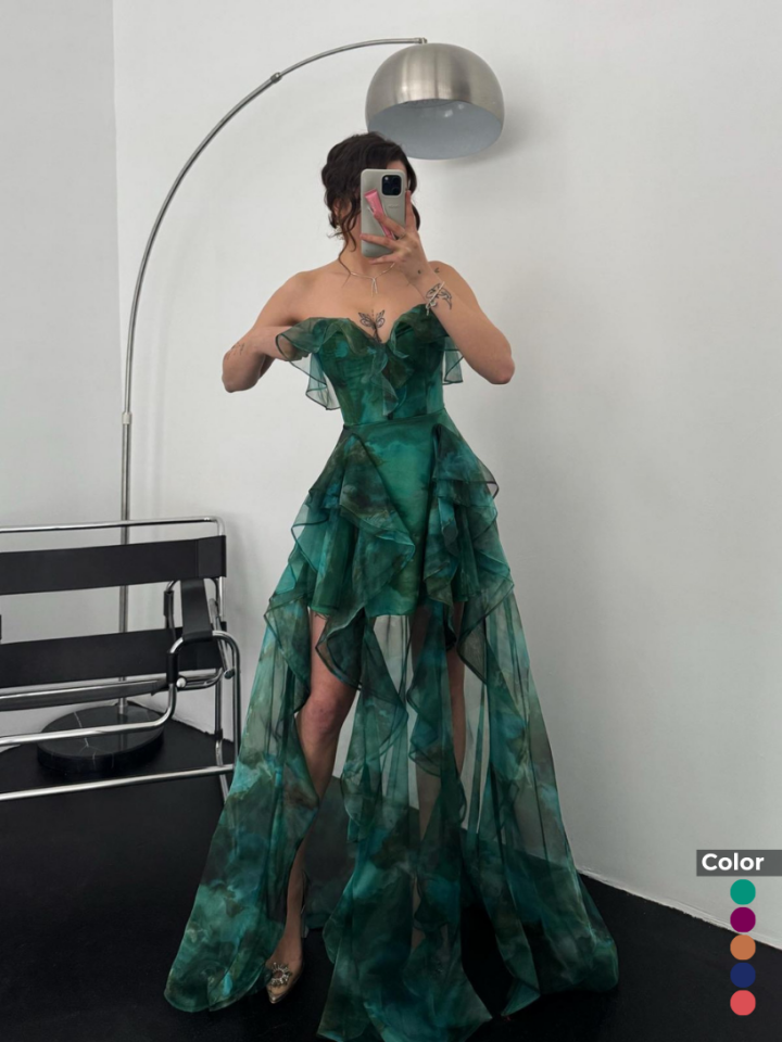 Organze Baskılı Yırtmaç Volan Detaylı Abiye | 2000