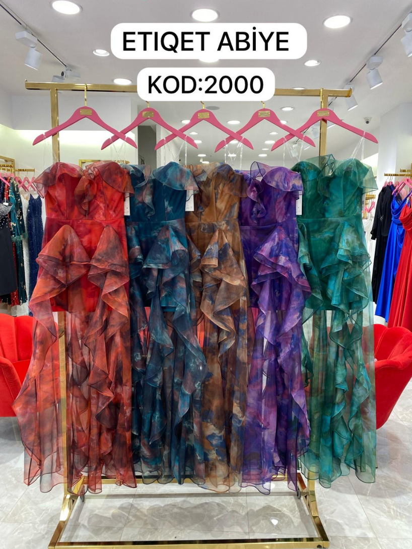 Organze Baskılı Yırtmaç Volan Detaylı Abiye | 2000