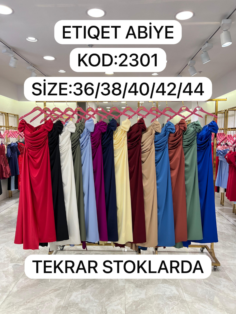 Düşük Omuz Saten Yırtmaç Detaylı Abiye | 2301