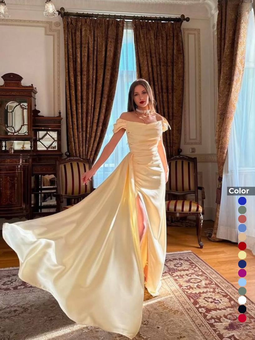 Düşük Omuz Saten Yırtmaç Detaylı Abiye | 2301