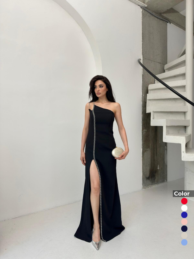 Krep Kumaş Taş Aksesuarlı Zincir Omuz Abiye | 1003