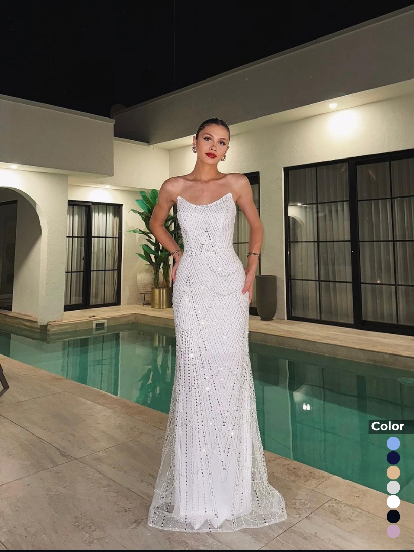 İthal Pullu İnci Straplez Abiye | 1056