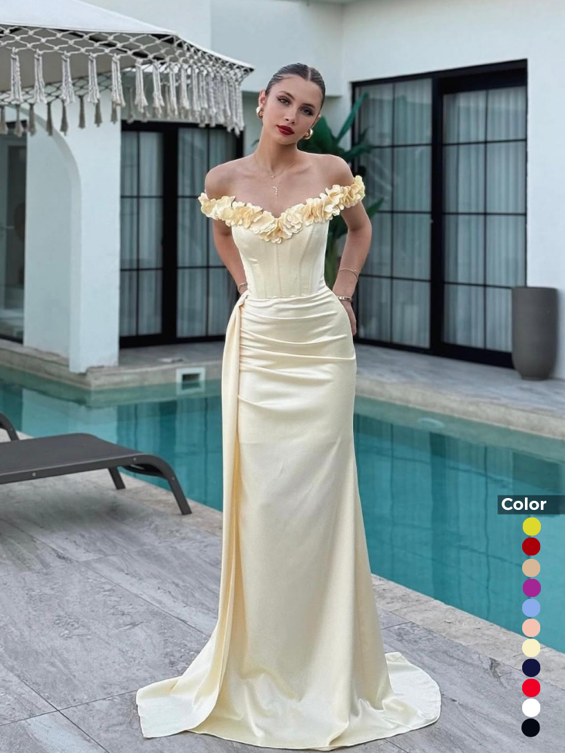 Saten Kumaş Madonna Yaka Gül Detaylı Abiye | 1002