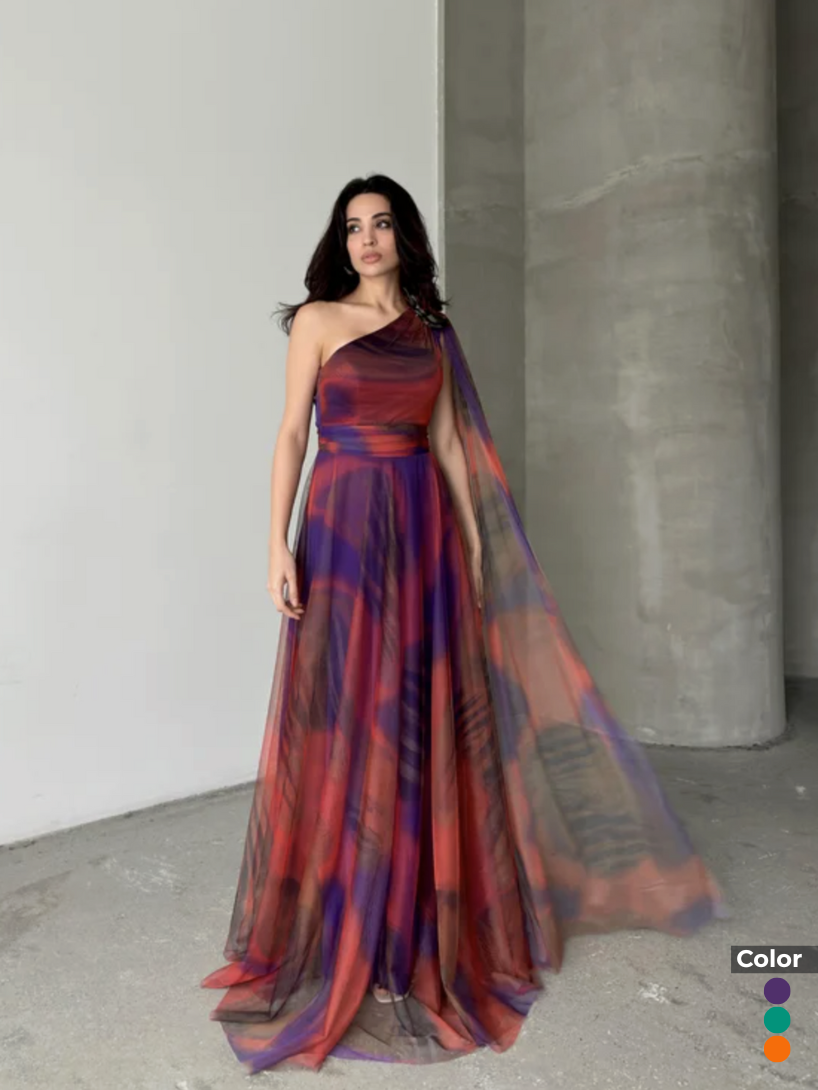 Omuz Şallı Çiçek Detaylı Uzun Abiye | 1552