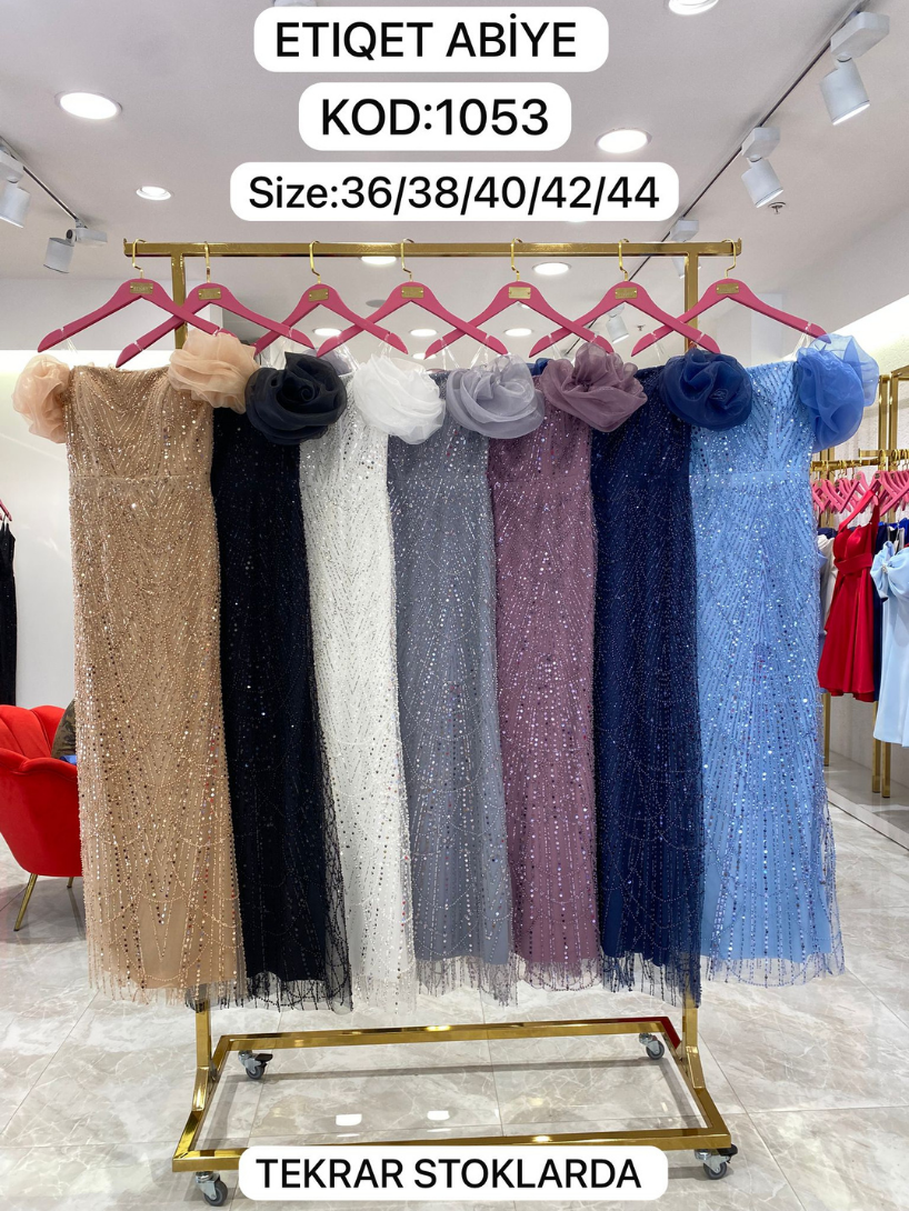 Balon Kol Detaylı Payet İşlemeli Straplez Abiye | 1053