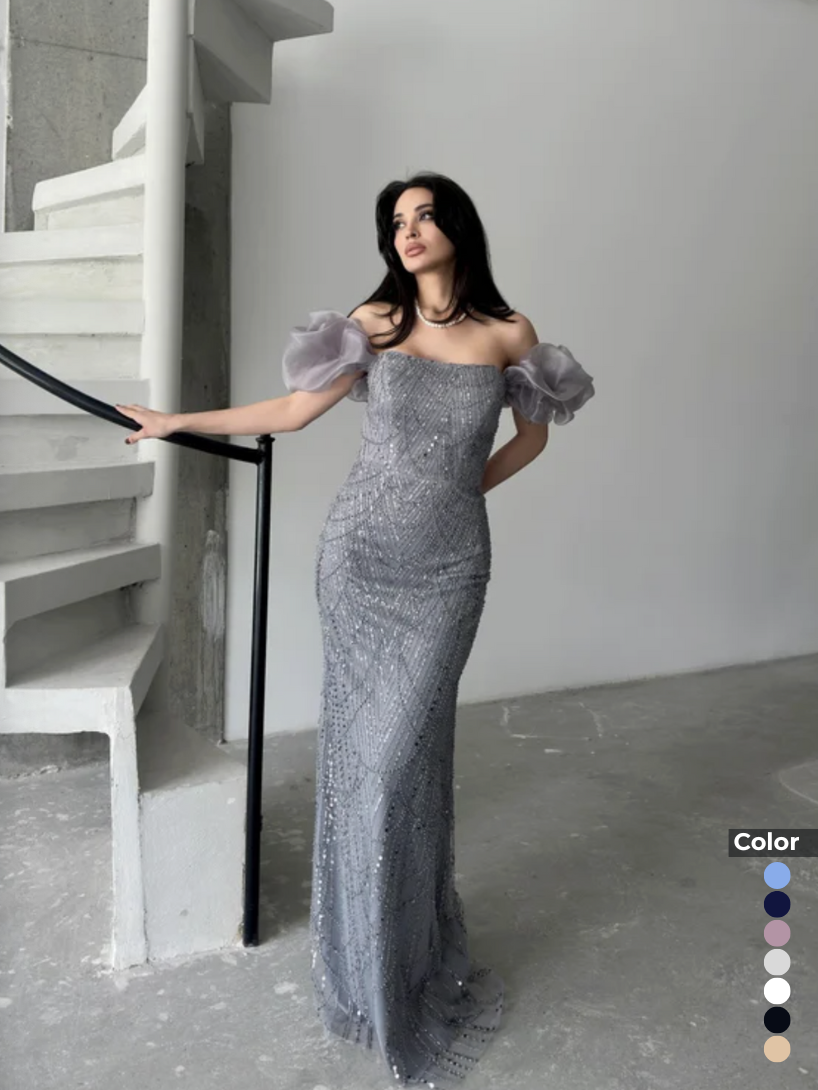 Balon Kol Detaylı Payet İşlemeli Straplez Abiye | 1053