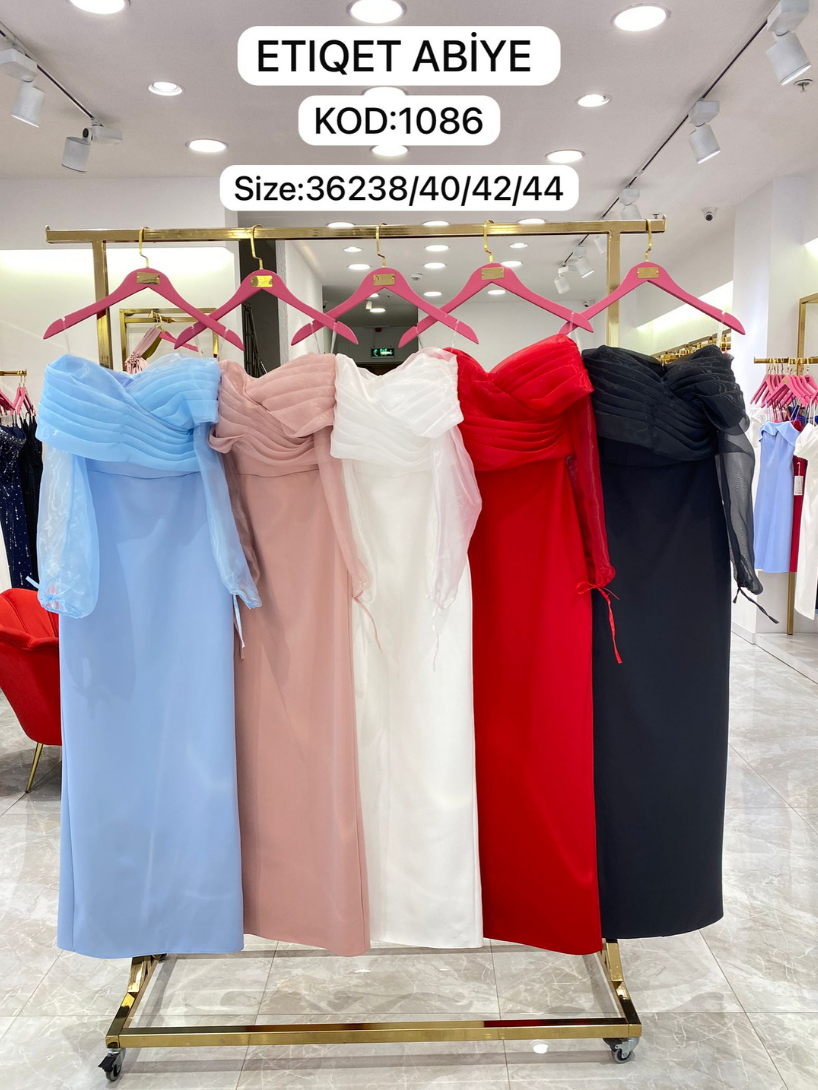 Şifon Kol Detaylı Düşük Omuz Balık Abiye | 1086