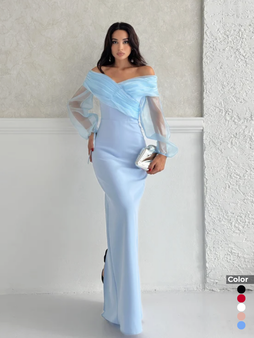 Şifon Kol Detaylı Düşük Omuz Balık Abiye | 1086