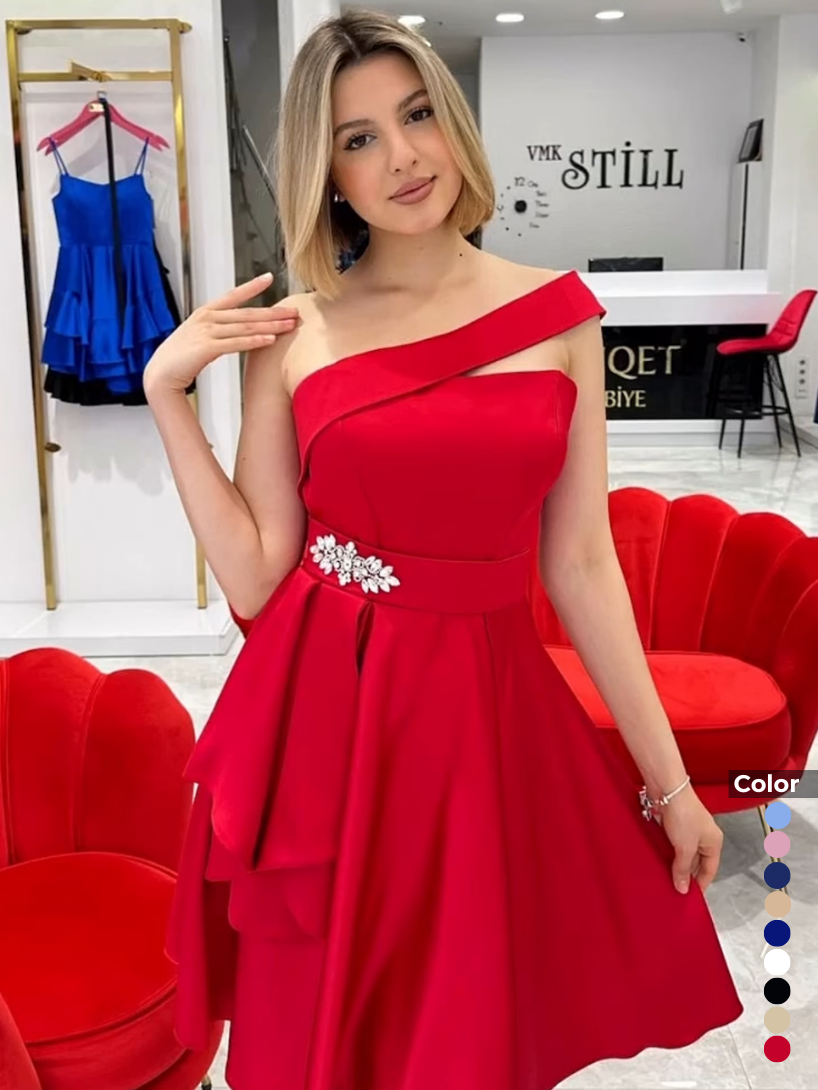 Saten Kısa Taş Aksesuarlı Mezuniyet Elbisesi | 1094