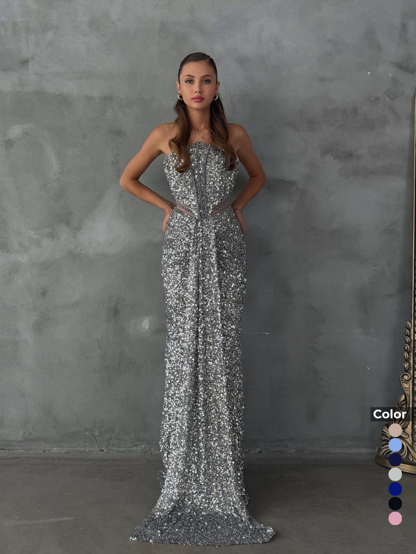 Bel Dekolteli Starplez Pullu Taş İşlemeli Önden Yırtmaçlı Abiye | 1163