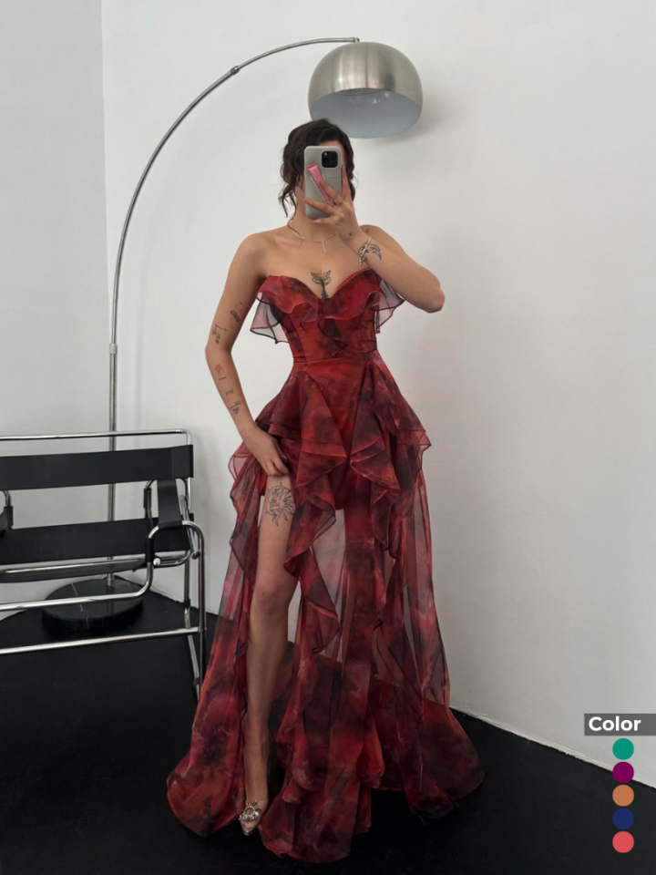 Organze Baskılı Yırtmaç Volan Detaylı Abiye | 2000