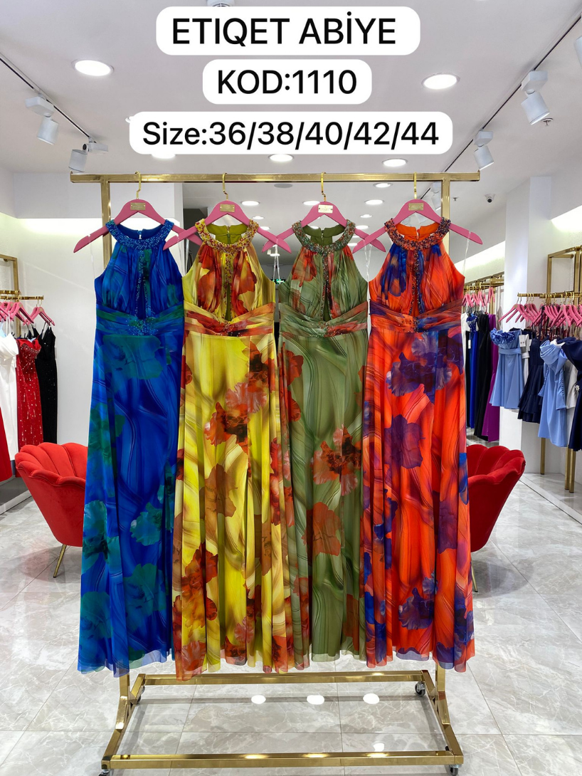 Tül Desenli Kristal Taş İşlemeli Abiye | 1110