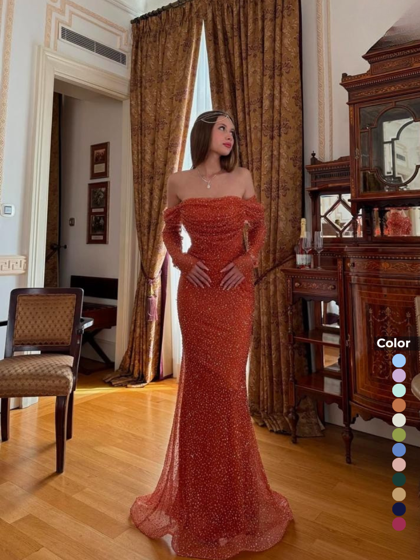 Kayık Yaka Taşlı Abiye Elbise | 6117