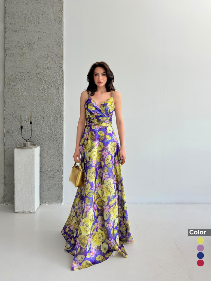 Kristal Saten Çiçek Detaylı Abiye | 1093