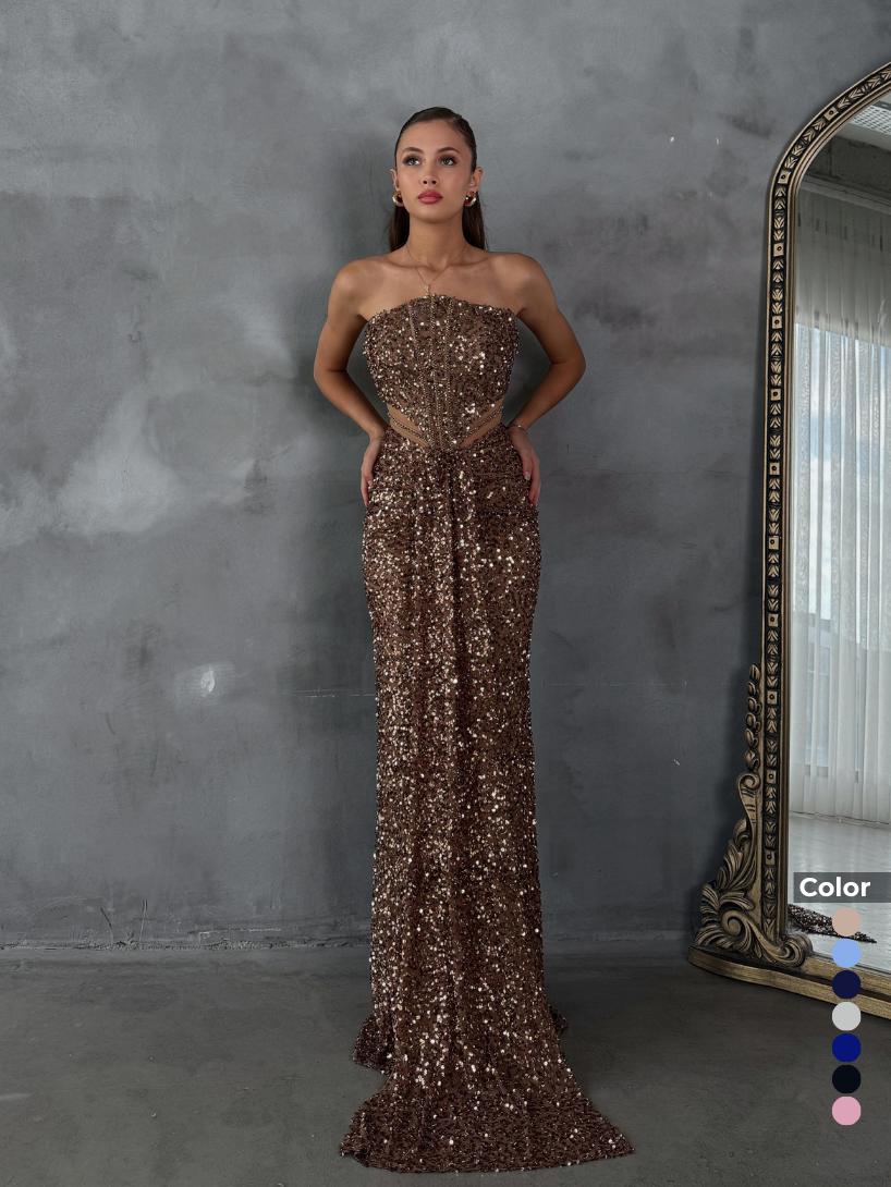 Bel Dekolteli Starplez Pullu Taş İşlemeli Önden Yırtmaçlı Abiye | 1163