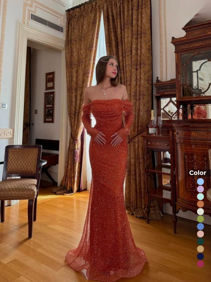 Kayık Yaka Taşlı Abiye Elbise | 6117