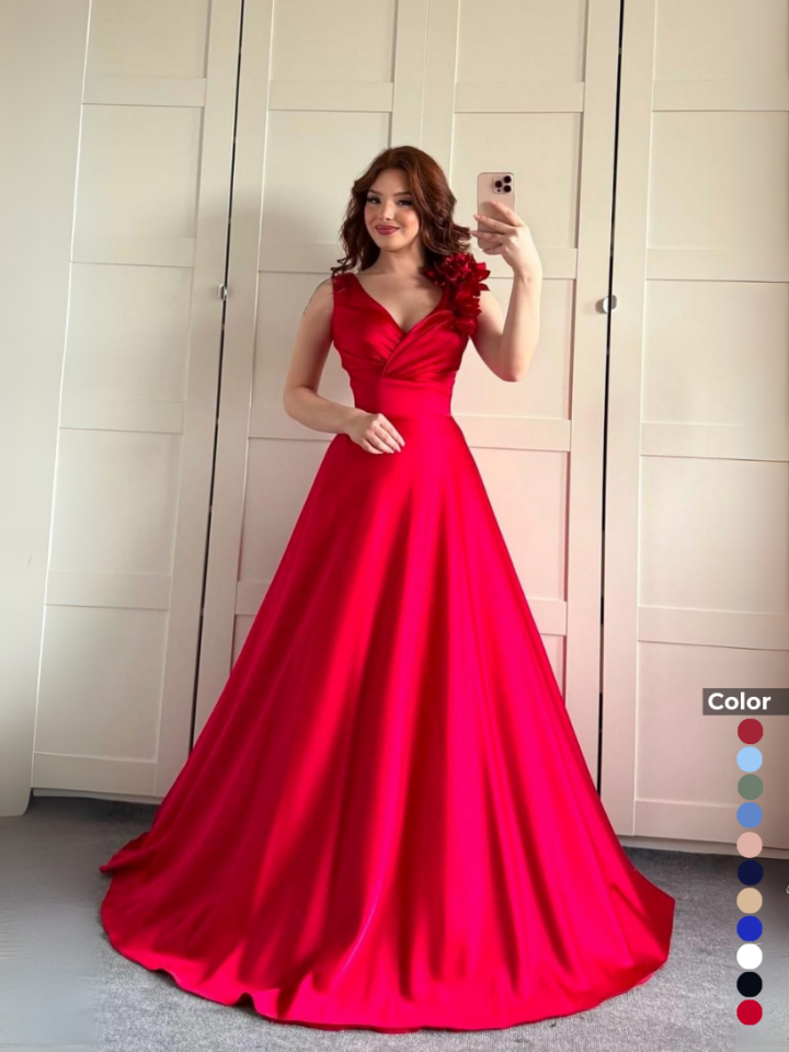 Saten Lazer Kesimli Gül Detaylı Abiye | 1037